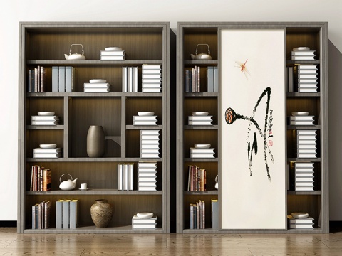  新中式书柜书架陈列柜装饰柜3d模型 