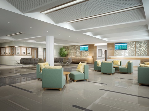  新中式医院 等诊区 大厅3d模型 