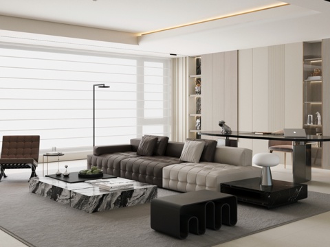  现代意式家居客厅 轻奢意式客厅 高级灰客厅 沙发茶几组合3d模型 