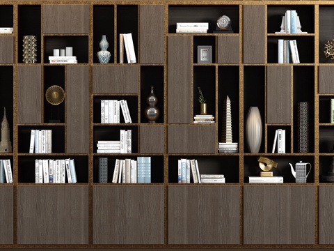  新中式金属实木装饰  书柜书籍饰品组合3d模型 