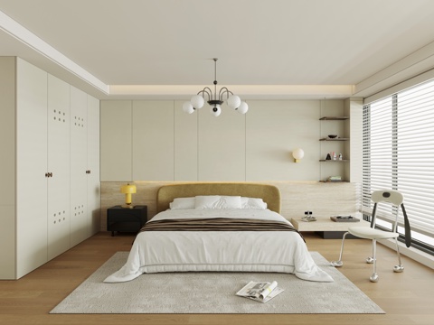 奶油风卧室 飘窗卧室 无主灯卧室3d模型