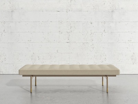  现代简约长条沙发凳 米白压线皮革凳面 金色金属凳脚su模型 