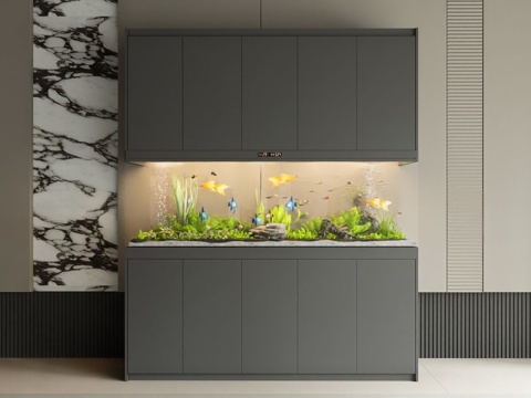  现代大型智能水族箱 鱼缸 多功能储物柜体 多品种鱼群 水草造su模型 