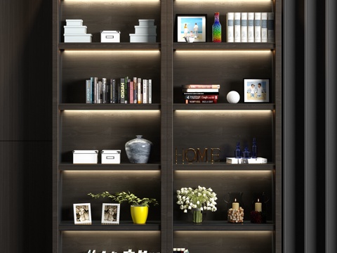  现代实木装饰柜书柜饰品组合3d模型 