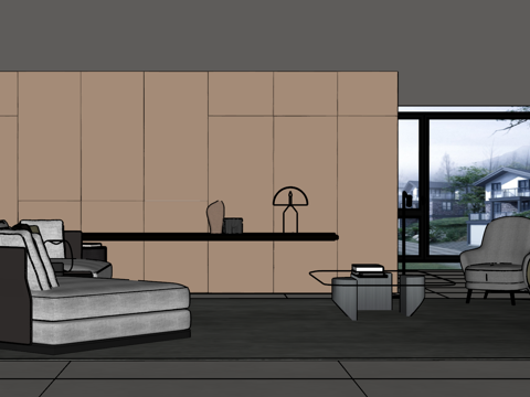 现代意式客厅 沙发茶几组合 绿植 饰品摆件 台灯  背景墙su模型