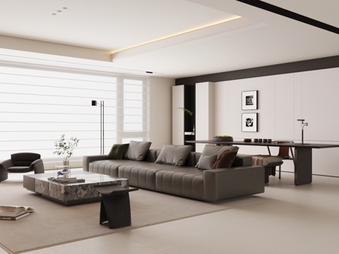  现代意式家居客厅 轻奢意式客厅 高级灰客厅 沙发茶几组合3d模型 