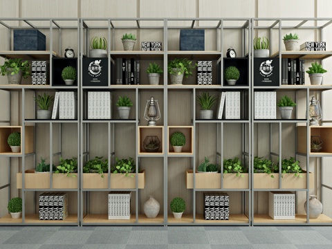  现代书架 书柜 装饰架 绿植 盆栽 植物 书籍3d模型 