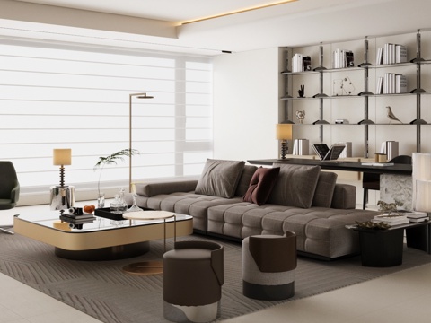  现代意式家居客厅 轻奢意式客厅 高级灰客厅 沙发茶几组合3d模型 