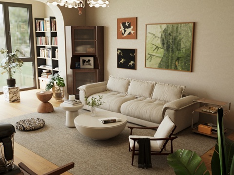 中古风沙发组合 客厅沙发茶几组合 复古风客厅 中古风多人沙发3d模型