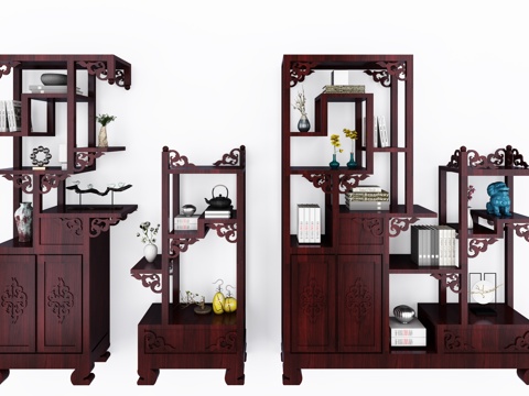  中式书架博古架组合3d模型 