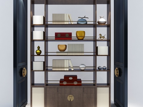  新中式背景柜 博古架 门板3d模型 