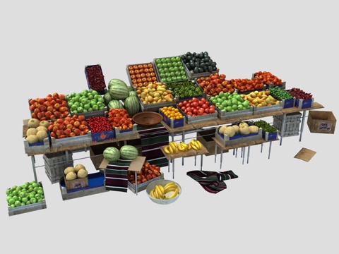  中式水果摊 西瓜 辣椒 蔬菜摊 樱桃 车厘子 哈密瓜 写3d模型 