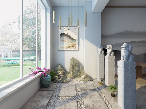  新中式阳台景观3d模型 