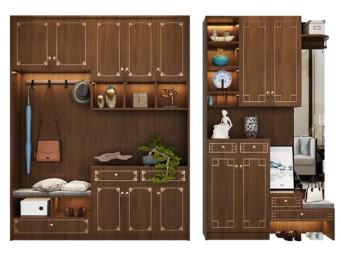  新中式实木鞋柜摆件组合3d模型 