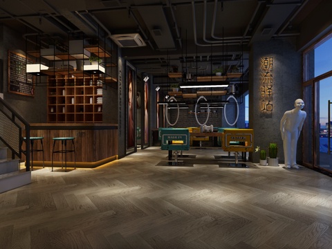  工业风理发店3d模型 