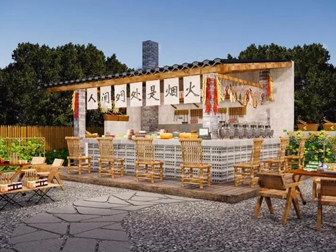  新中式营地 营地块户外 庭院户外 庭院贩卖亭su模型 