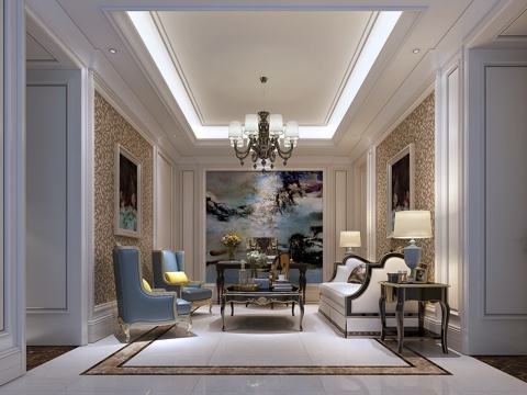  美式现代美式起居室沙发装饰画茶几边柜吊灯台灯3d模型 