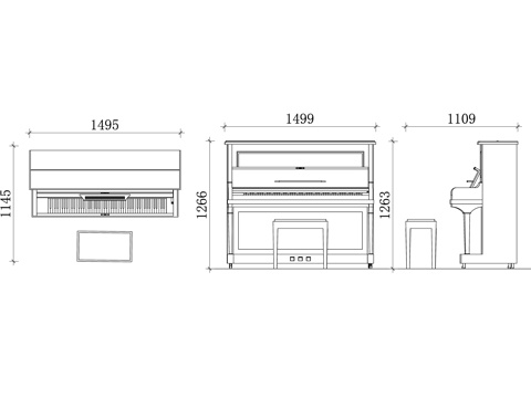 立式钢琴三视图 钢琴平面图 钢琴立面图 钢琴剖面图 乐器结构cad施工图