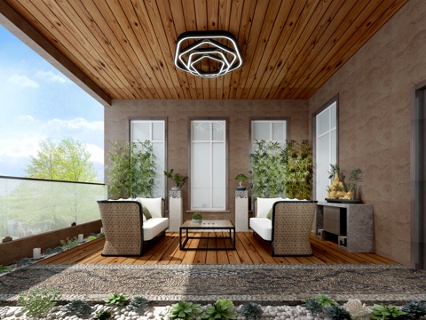  新中式阳台 藤编沙发椅 新中式山石盆景3d模型 