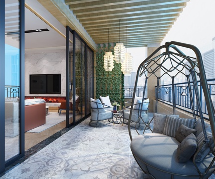  现代阳台露台 3D模型 摇椅 灯 绿植3d模型 