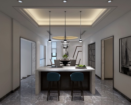  现代地下台吧  吧椅吊灯  餐桌椅  装饰画3d模型 