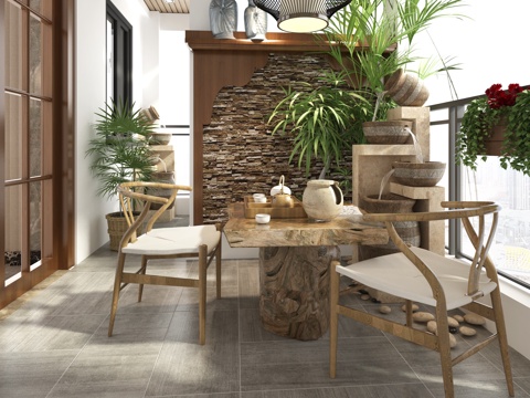  新中式阳台 别墅阳台3d模型 