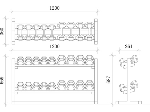 钢质哑铃架三视图 哑铃架平面图 哑铃架立面图 哑铃架剖面图cad施工图