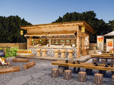  现代营地 营地木屋建筑 营地贩卖亭 营地茅草亭 露营风庭院景su模型 