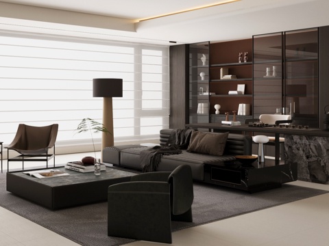  现代意式家居客厅 轻奢意式客厅 高级灰客厅 沙发茶几组合3d模型 