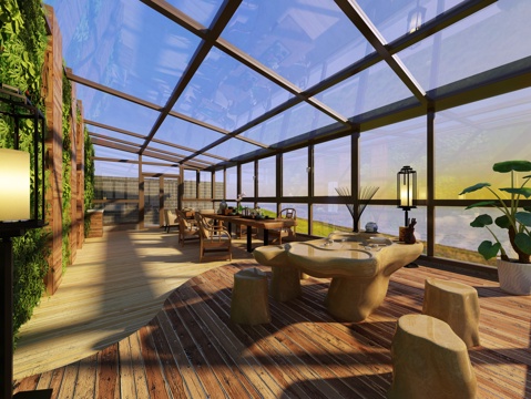  新中式现代家居阳光房花园阳台露台3d模型 
