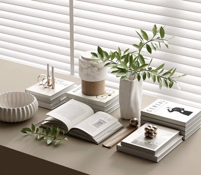 现代奶油风装饰品摆件组合 花瓶花艺 书籍su模型