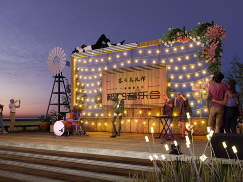 现代网红露营  落日灯打卡点 露营打卡 网红打卡su模型