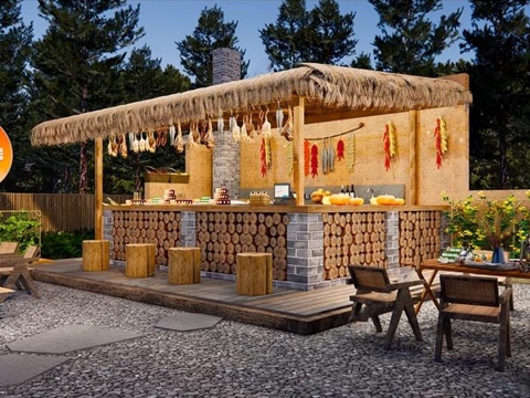  现代庭院小品 庭院户外 营地木质户外 庭院咖啡su模型 