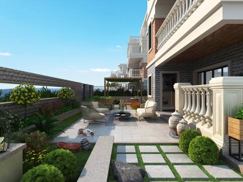  简欧欧式庭院花园 绿植 花草 休闲椅 茶几 亭子 陶罐3d模型 