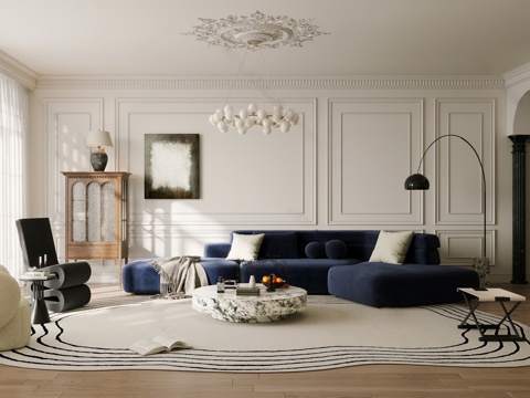 法式奶油客厅沙发 法式奶油沙发背景 现代沙发茶几矮凳 奶油吊su模型