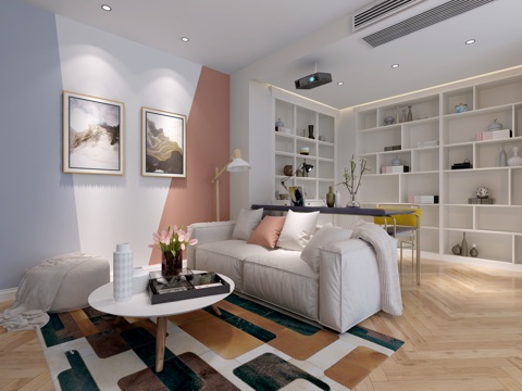  现代休息室茶几书柜3d模型 