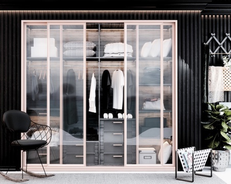  现代衣柜 休闲椅 挂钩 盆栽 篮子 饰品衣服 组合3d模型 