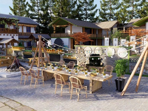  新中式乡村庭院 咖啡馆 农家乐su模型 