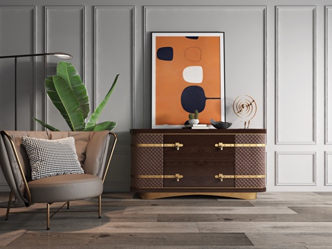  现代轻奢边柜组合 餐边柜 单人休闲沙发3d模型 