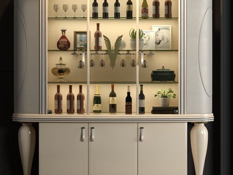  简欧欧式轻奢皮革酒柜酒瓶饰品组合3d模型 