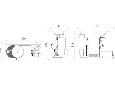 咖啡烘焙机三视图 烘焙机平面图 烘焙机立面图 烘焙机剖面图cad施工图