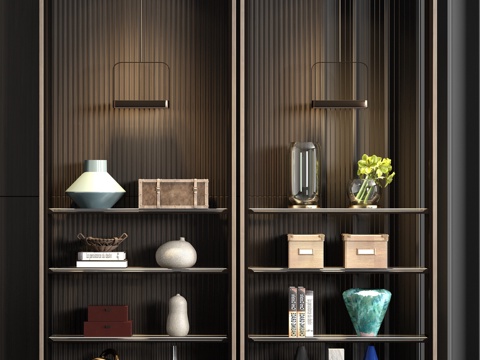  新中式金属实木装饰柜饰品组合3d模型 