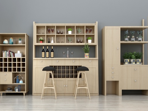  现代北欧酒柜吧台椅装饰柜组合 吧台椅组合 现代酒柜 装饰酒柜3d模型 