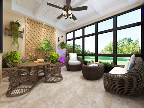  现代阳台花园 休闲区 吊扇3d模型 