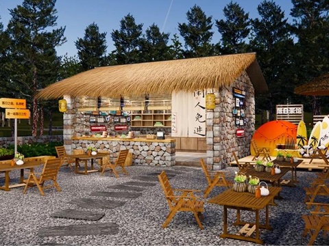  现代营地 营地露营小院 营地贩卖亭 营地石屋su模型 