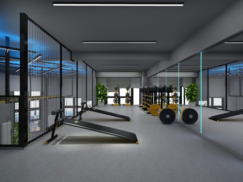  现代健身房 动感单车 吊环 跑步机3d模型 