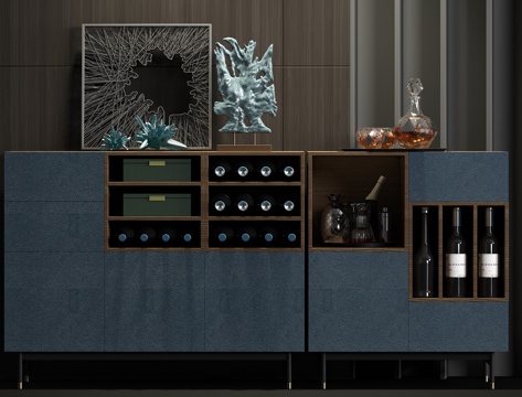  新中式实木皮革酒柜酒具饰品组合3d模型 