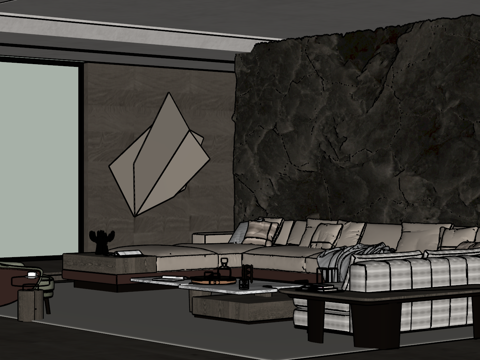 现代意式客厅 沙发茶几组合 绿植 饰品摆件 台灯  背景墙su模型