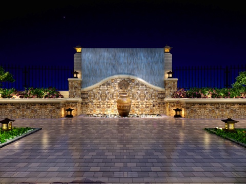  美式 欧式 新古典花园 室外花园 庭院 流水墙 园林景观3d模型 