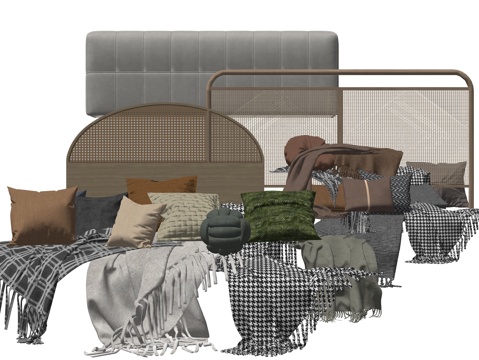  中古风抱枕毛毯床品su模型 